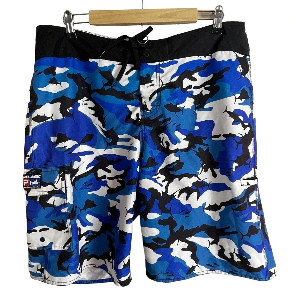 Pelagic Fish Camo Board Shorts Mens 36 Blue Black White Fishing Cargo Angler